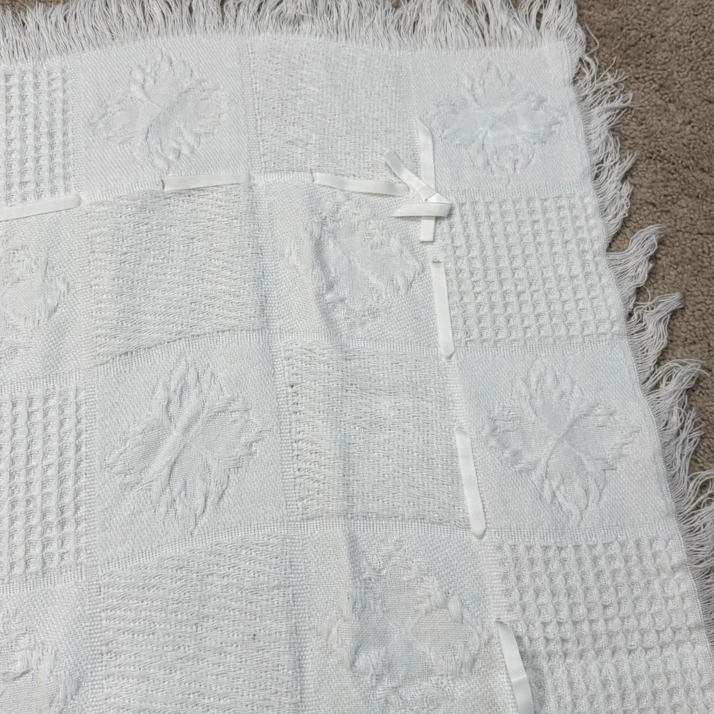Vintage Babycrest Acrylic Fringe Baby Blanket White Knit 1980s Baby Gift 36x36